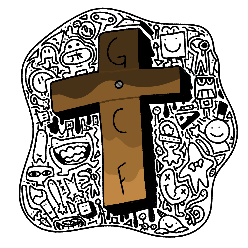 Cross with various goobers around.
